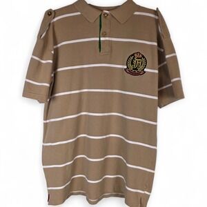 Abianche Men's Tan Striped Polo Shirt Crest Logo Short Sleeve Casual XL